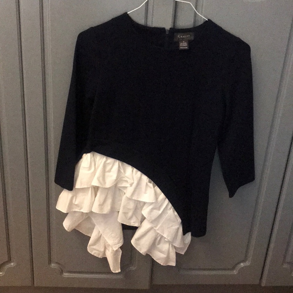 Dark blue with white ruffles blouse